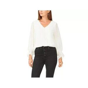 Vince Camuto Women's Clip-Dot Smocked-Cuff Top Blouse Off White S